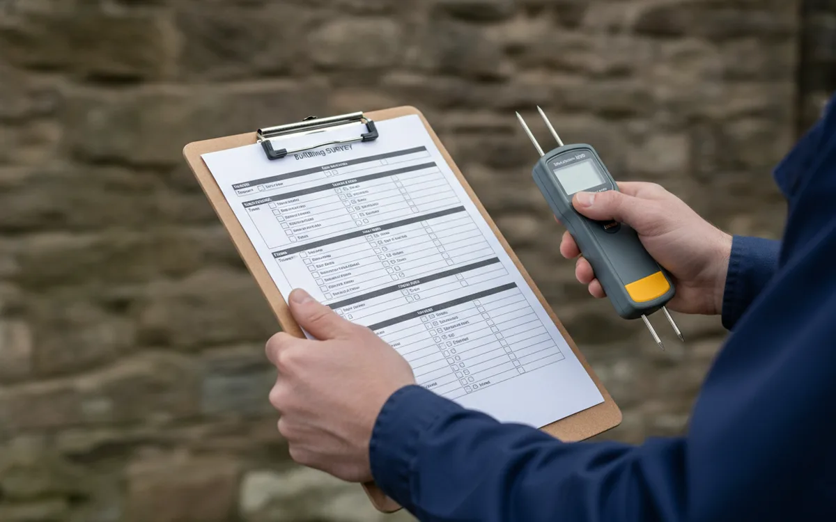 A surveyor holding a clipboard checklist and a damp meter against a red-brick wall