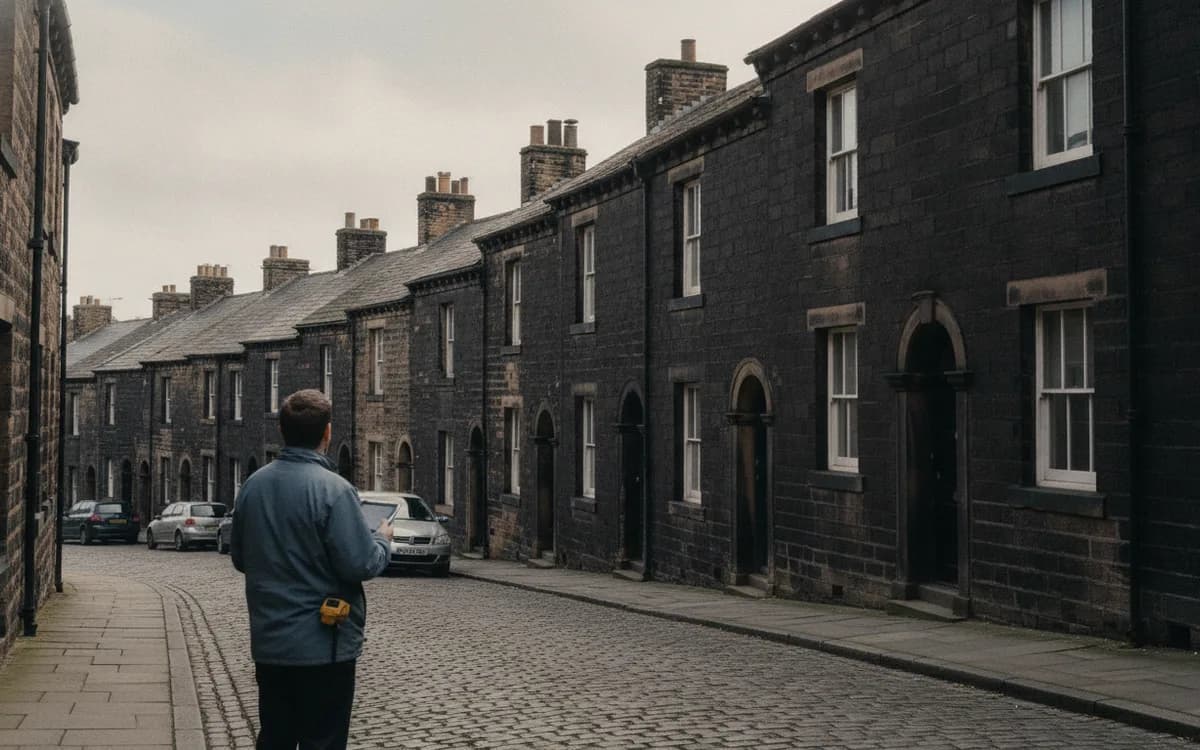 Sandstone back-to-back terraces climbing a steep street in Bradford, West Yorkshire