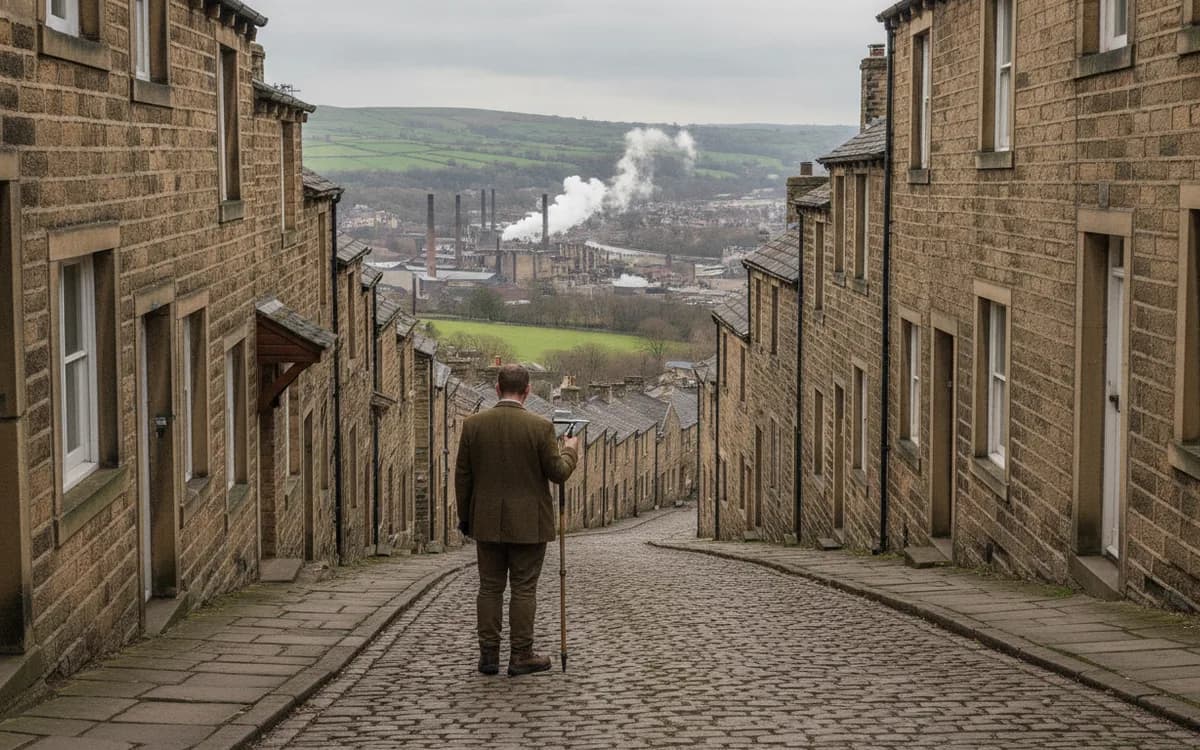 Gritstone terraced houses stepping down a steep hillside in Halifax, West Yorkshire