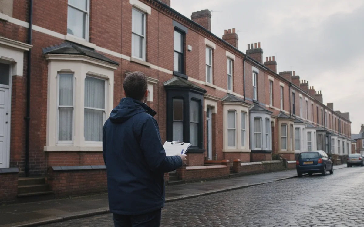 Red-brick Victorian through terraces on a sloping street in Leeds, West Yorkshire
