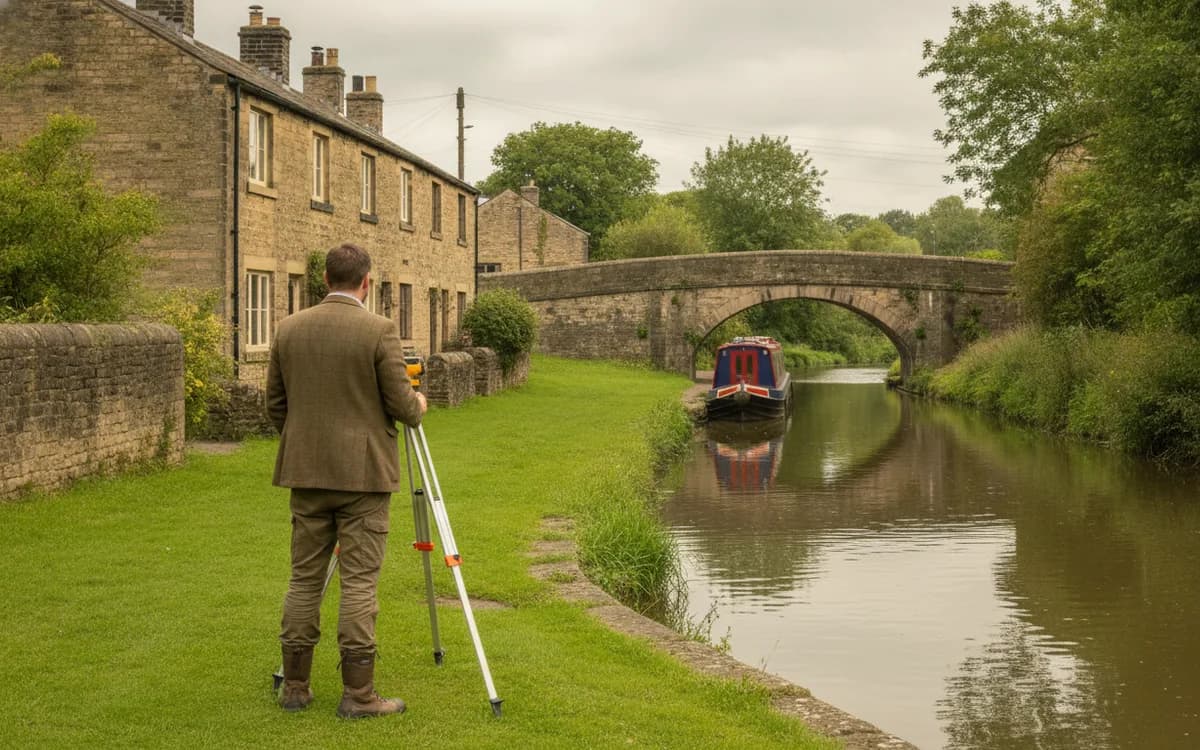Stone houses above the canal and River Calder at Mirfield, West Yorkshire