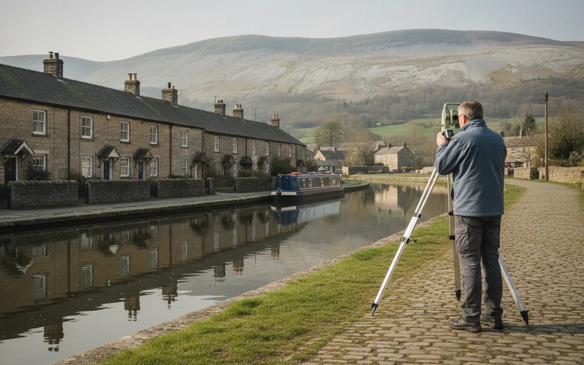Stone cottages and the canal in the Dales market town of Skipton, North Yorkshire