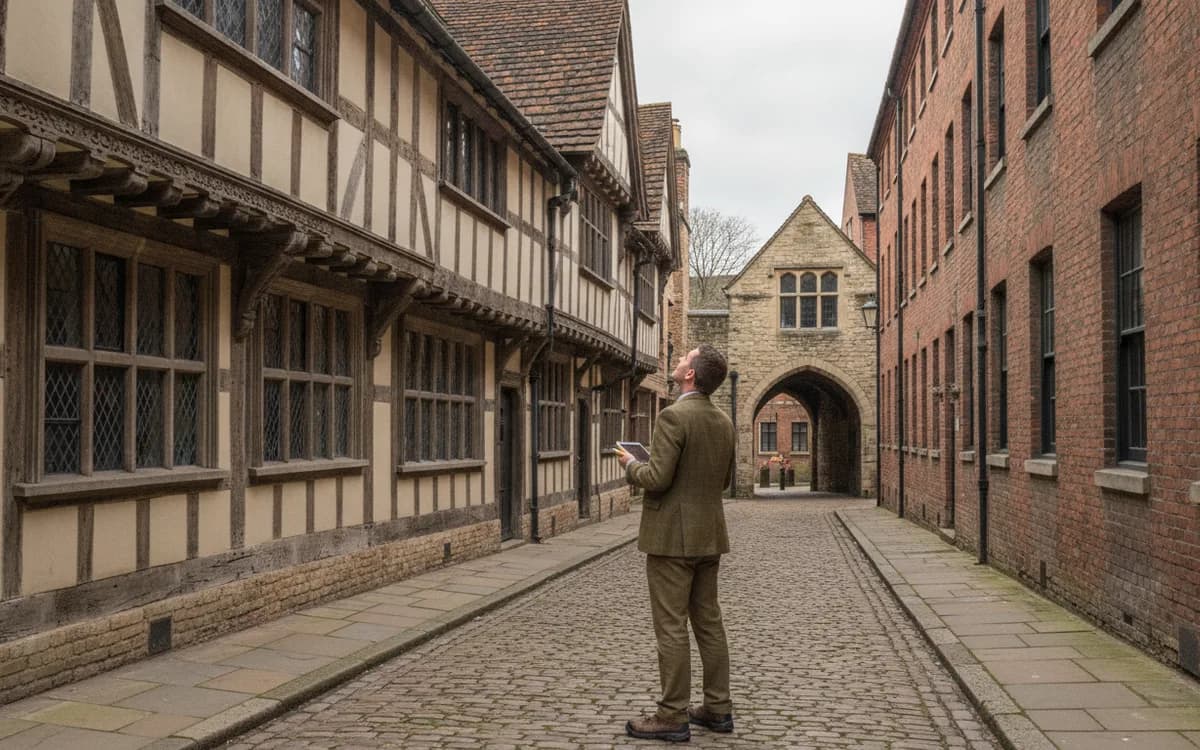 Timber-framed and Georgian buildings on a narrow street inside the walls of York, North Yorkshire