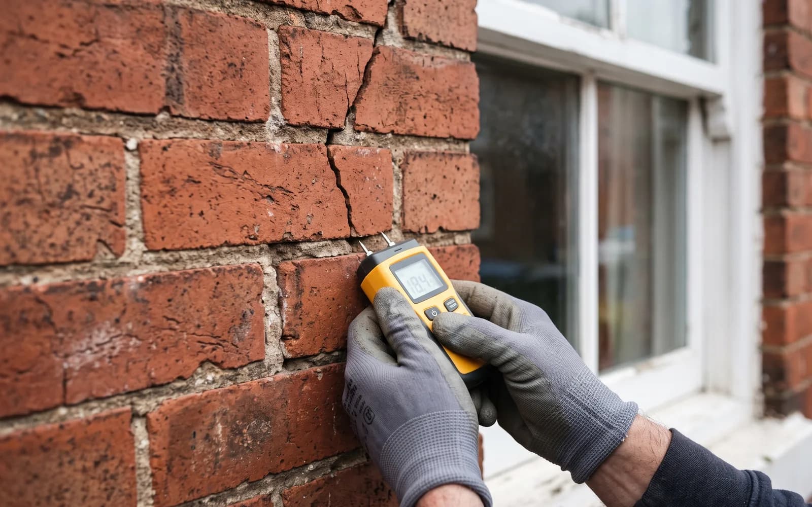 A moisture meter checking a hairline crack in red brickwork beside a sash window on a Yorkshire terraced house